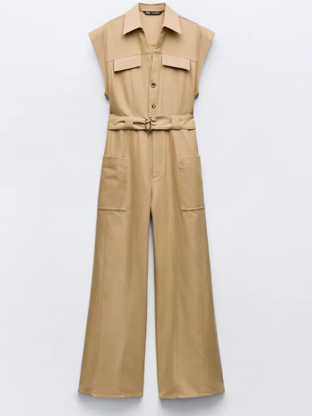 ZARA LONG BELTED JUMPSUIT BEIGE. SIZE XS